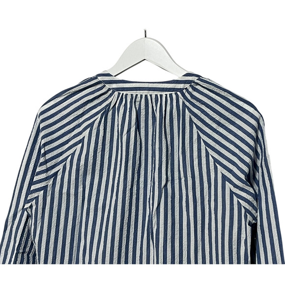 VERONICA BEARD TOP WOMENS MEDIUM JUDITH V-NECK PUFF SLEEVE BLOUSE BLUE WHITE - Picture 8 of 13